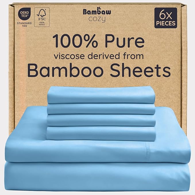 Bambaw 100% Viscose Derived from Bamboo Sheets King Size – 6pcs King Cooling Sheet Set, Luxury Sheets King Size Deep Pocket, Fits Up to 16'' Mattresses, Super Soft (Dream Blue)