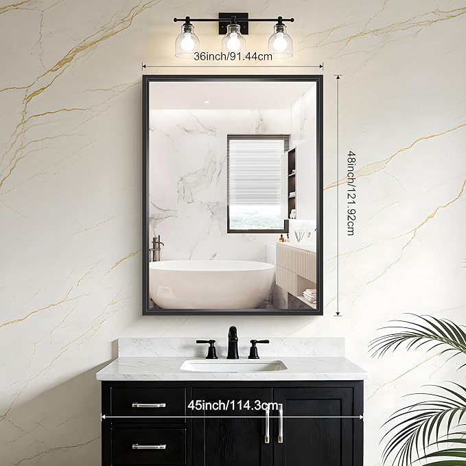 Black Bathroom Mirror, 36x48 Inch Large Rectangle Mirror, 0.6" Thickened Deep Frame Mirrors for Wall Over Sink, Brushed, Shatterproof Tempered Glass, Antirust, Horizontally or Vertically