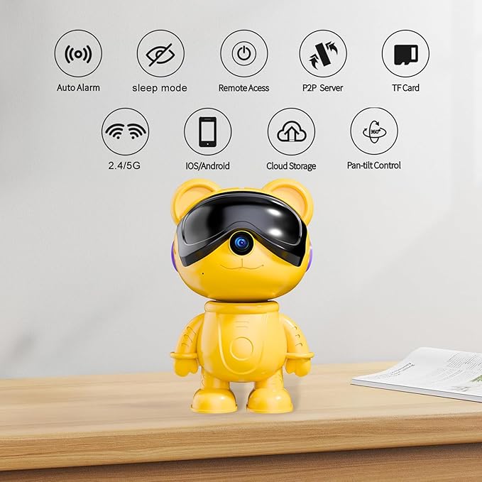 dzcctvipc-Cute Bear-2K Smart-Robot Security-Camera Wireless - Nanny & Pet Motion Monitor with Mobile App,Baby Cry Detection Alarm,5G Dual-Band,Pan-Tilt,Full HD Night Vision,24/7 Recording,2-Way Audio