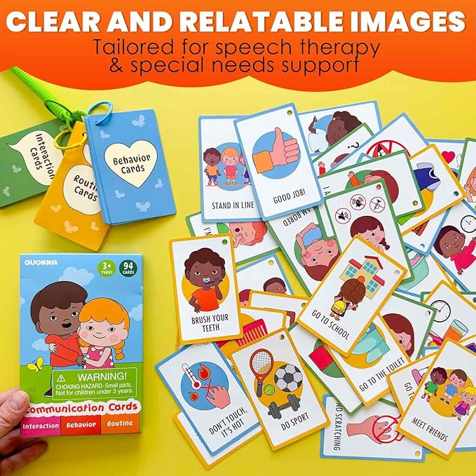QUOKKA Autism Learning Materials - 94 Communication Cards for Kids - Visual Cards for Non-Verbal Communication, Pictured Speech Therapy, Emotion & Routine Flashcards, Water-Resistant, 3 Rings & Clip