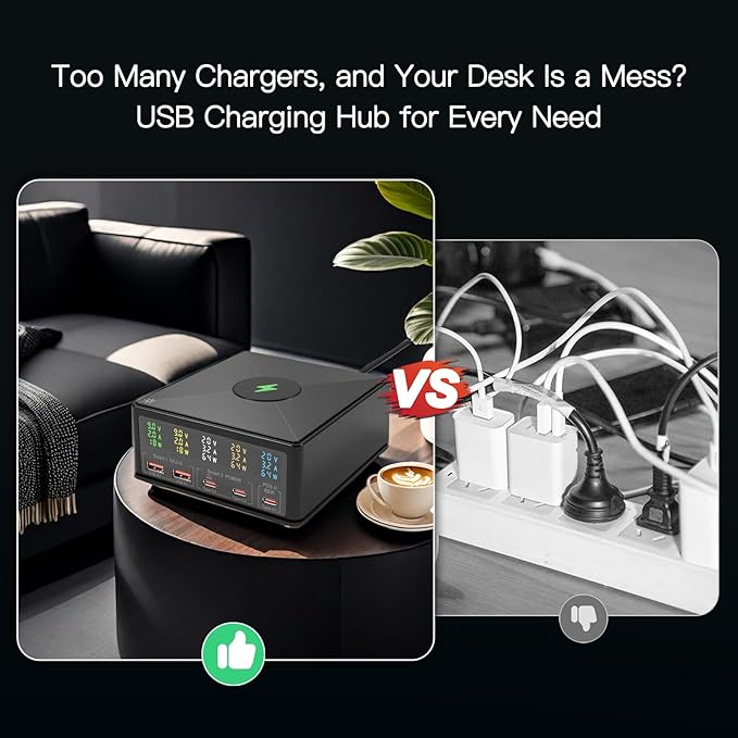 USB Charger Station Multi Port: Desktop 160W Power Fast Charging Hub Wall Block PD 3.0 – 5 Ports with Wireless Pad & Digital Display