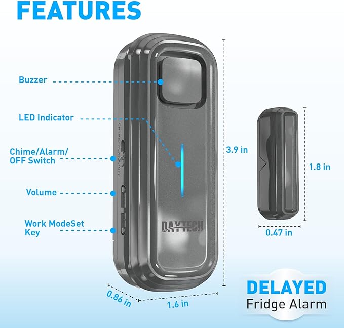 Daytech Refrigerator & Freezer Door Alarm - 1-4 Minute Adjustable Delay, 0-120dB Alarm, 3-Pack for Home, Supermarket & Business (Grey)