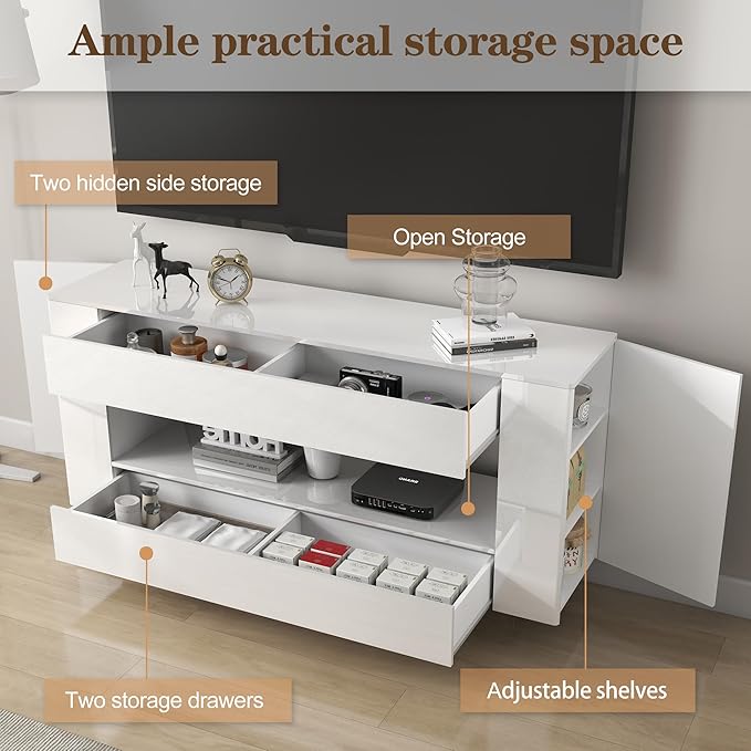 Vavkorkula High Gloss TV Stand for 65 Inch with 2 Large Drawers & Hidden Storage Cabinets, Modern Entertainment Center Television Stands for Living Room Bedroom, White