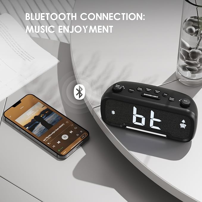 ROCAM Alarm Clock Radio with FM Radio, Sleep Timer, Auto Scan 20 Presets & Easy-Tune Knob, Wake to Radio/Beep, Bluetooth 5.0 Speaker Modern Design for Bedroom & Office
