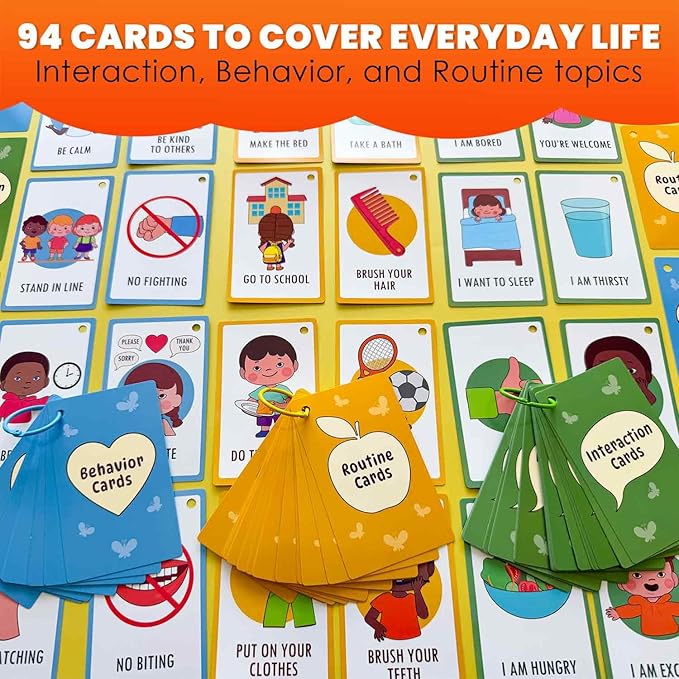 QUOKKA Autism Learning Materials - 94 Communication Cards for Kids - Visual Cards for Non-Verbal Communication, Pictured Speech Therapy, Emotion & Routine Flashcards, Water-Resistant, 3 Rings & Clip