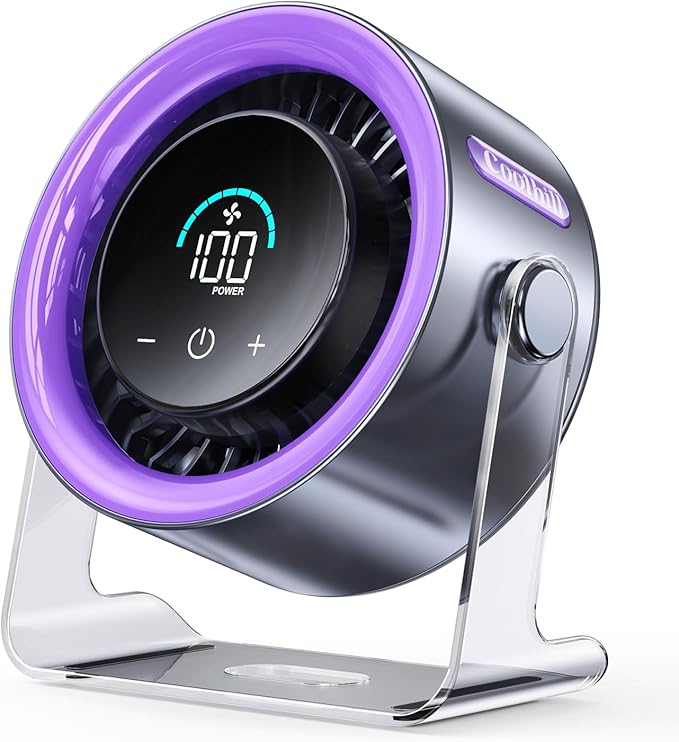 Coolhill USB Desk Fan for Bedroom: 100 Speeds Digital Display Quiet Table Fan with Turbo Airflow, 120° Rotating Small Rechargeable Battery Desktop Fans for Bedroom Home Office (Purple)