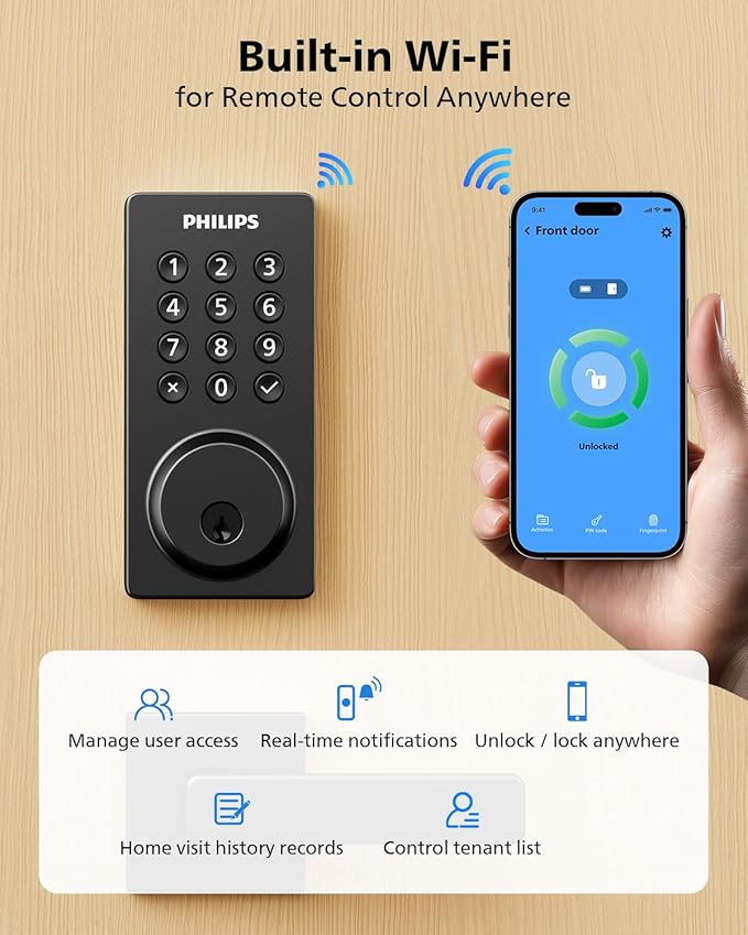 Philips Wi-Fi Smart Door Lock, Keyless Entry Door Lock with App Control,Fingerprint ID,Auto Lock,Keypad Deadbolt with Wi-Fi Bridge Adaptor,Smart Locks for Front Door-Satin Nickel
