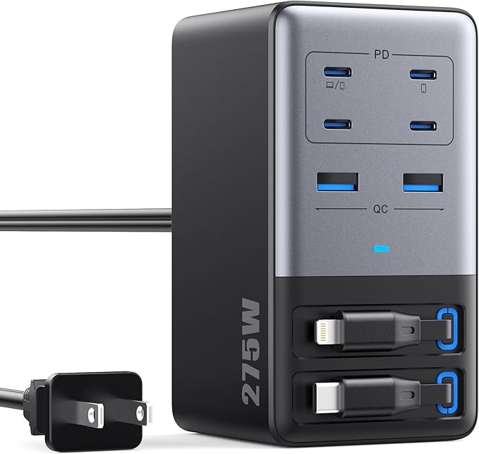 USB C Charger 275W Charging Station with Retractable Dual Cables,Upgraded 8-in-1 GaN IV Fast Charging Hub Block+PD QC PPS 65W Laptop Adapter for MacBook Pro/Air,iPad,iPhone 17/Pro,Galaxy S24,Dell etc