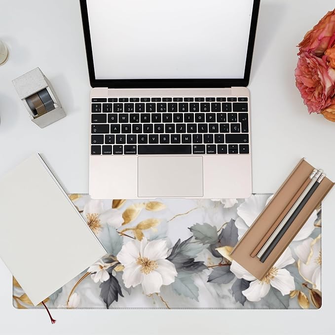 Eflxamz Desk Mat,White Gold Marble Desk Pad,White Flowers Golden Leaves Large Gaming Mouse Pad for Desk,Extended Big Computer Keyboard Mouse Pad with Non-Slip Base and Stitched Edge,31.5"x11.8"