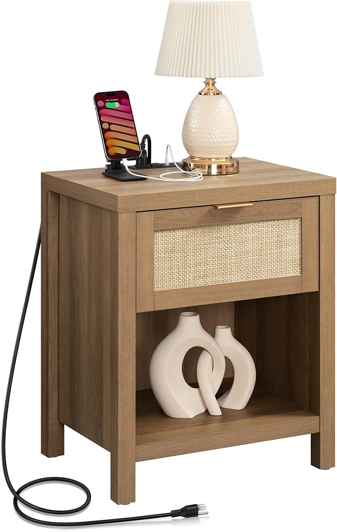 SICOTAS Rattan Night Stand with Charging Station - Farmhouse Nightstand with Type-C and USB Ports, Boho Accent Bed Side Table with Drawer and Open Shelf for Bedroom Small Space, Oak