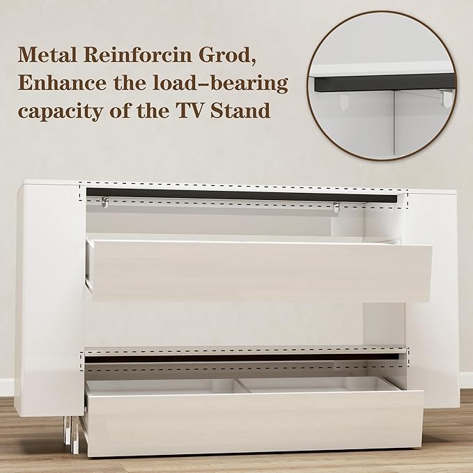 Vavkorkula High Gloss TV Stand for 65 Inch with 2 Large Drawers & Hidden Storage Cabinets, Modern Entertainment Center Television Stands for Living Room Bedroom, White