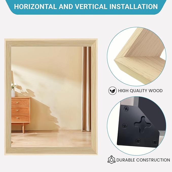 Oak Wood Effect Framed Wall Mirror, 16x20 Rectangle Mirror, 1/8" Anti-desilvering Tempered Glass, Sustainable&Sturdy Frame, Anti-Rust, HD Reflection &3min Fast Setup for Bathroom Living Room