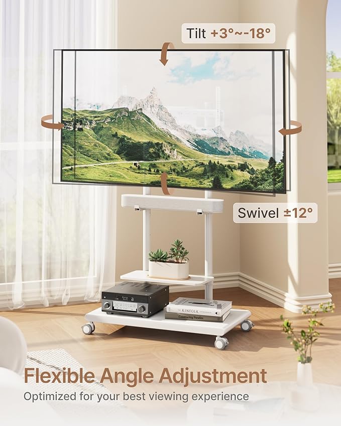 ECOTINY Steel Base Rolling TV Stand with Soundbar Mount for 50-90 inch TVs up to 154lbs, Swivel&Tilt Mobile TV Stand with Large Storage, Height Adjustable Heavy-Duty TV Cart, Max VESA 600x400mm, White