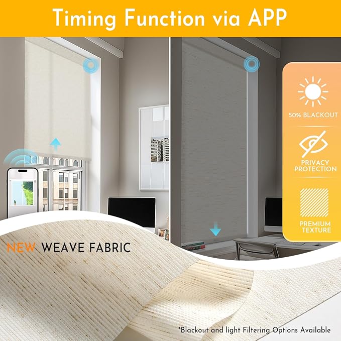 Persilux Smart Motorized Blinds with Remote, No Drill Automatic Roller Shades for Indoor Windows, Light Filtering Linen Fabric, Electric Blinds for Windows, Weave Mat C162-2, Custom Size
