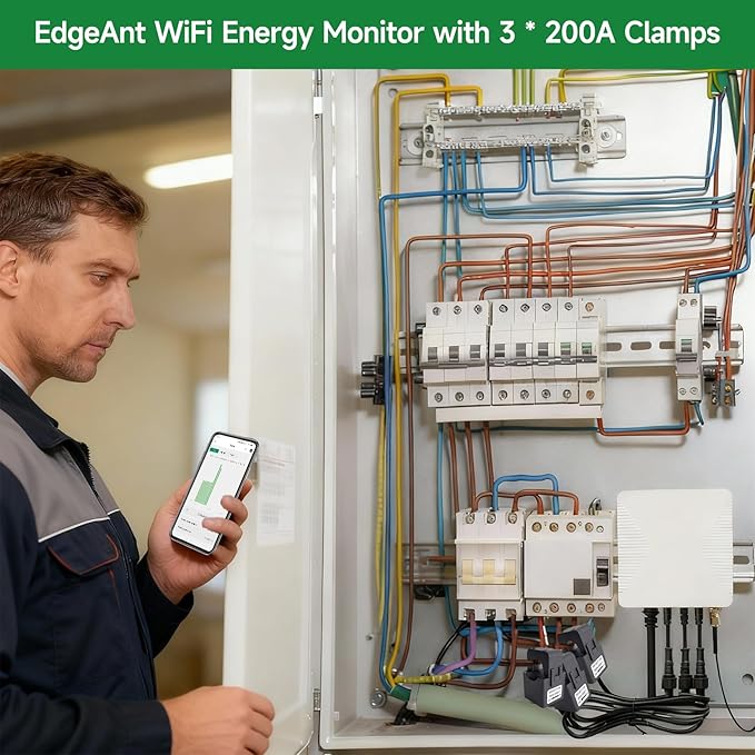 Smart Home Energy Monitor with 3 200A Clamps EdgeAnt, Real-Time Accurate Energy Consumption Tracking and Save Money, Home Energy Automation and Control, Solar Net Metering 2.4 GHz WiFi