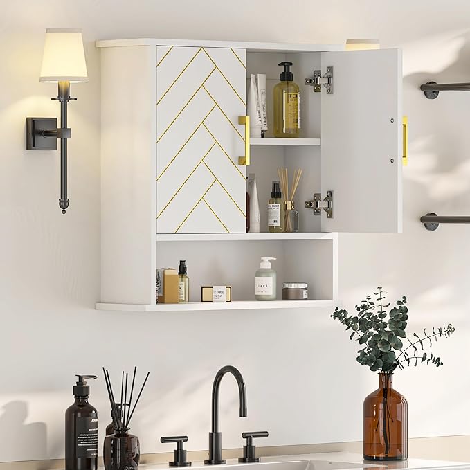 White Chevron Pattern Bathroom Wall Mount Cabinet, Stylish Hanging Medicine Cabinet with Open Shelf, Over The Toilet Storage for Bathroom Kitchen (23 5/8" x 22 7/8" x 7 1/8")