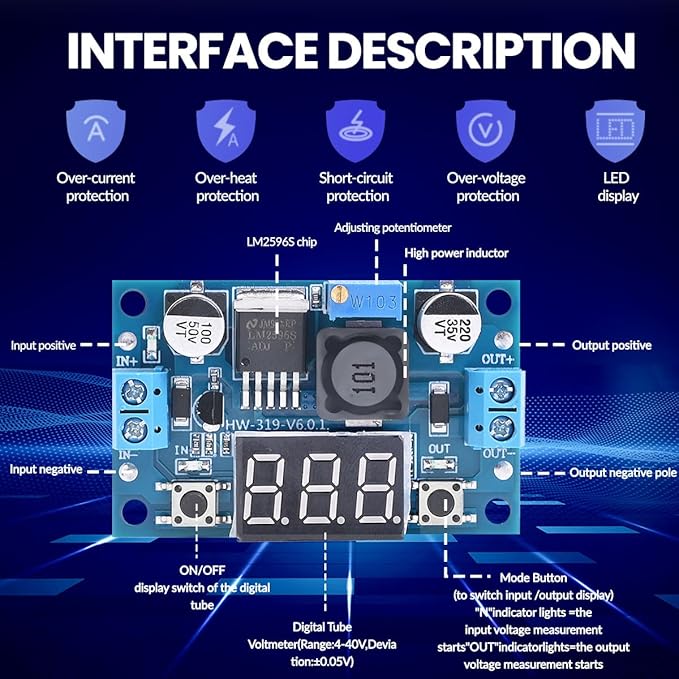 Seloky LM2596 Adjustable DC-DC Step-Down Buck Converter Module with LED Voltmeter Display, Voltage Regulator 4.0-40V Input to 1.25-37V Output Power Supply Module