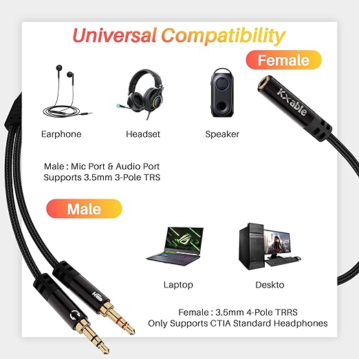 Kxable Headphone Splitter for Computer, 3.5mm Female to Dual 3.5mm Male Audio Splitter Cable, Stereo Jack Earphones Headset to PC Laptop Adapter, 1/8inch 2-in-1 Y Separator Aux Dongle Converters, 2FT
