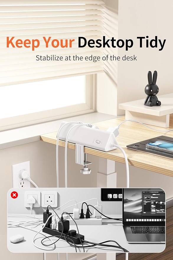 6.5 FT Desk Clamp Power Strip with 5 AC Outlets & 6 USB Ports PD 40W USB-C Fast Charging, 1250J Surge Protector, Fits 2.1 in top Edge White