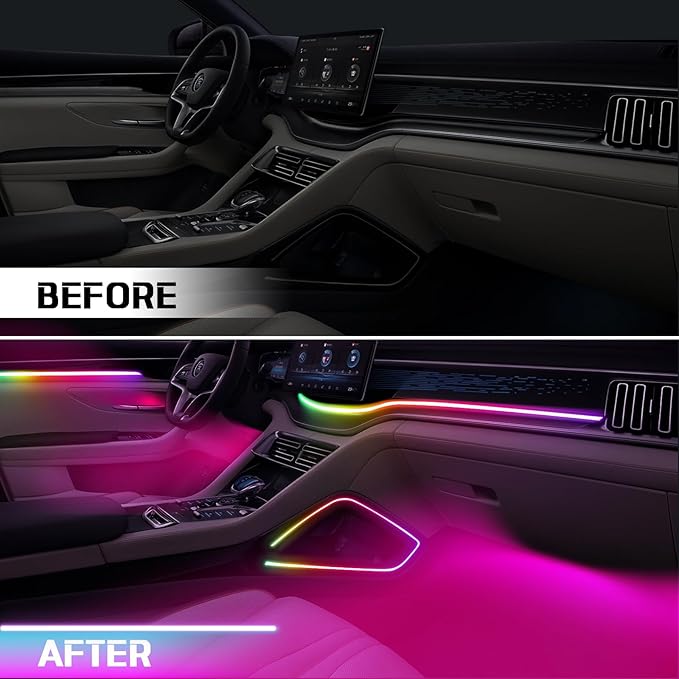 Dreamcolor Acrylic Interior Car LED Strip Light with Wireless APP Control, RGB 14-in-1 Ambient Lighting Kit with Music Sync, Dynamic Color Chasing Neon Lights for Car Interior