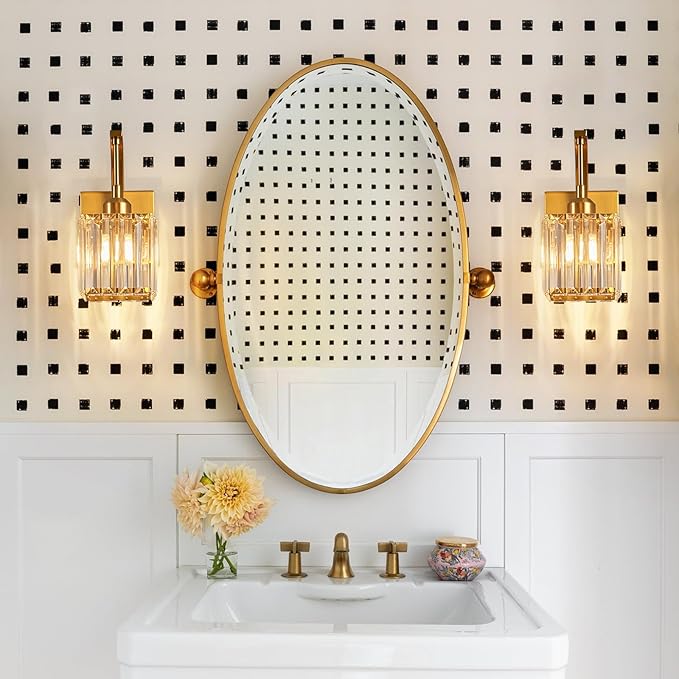 FDPBY Wall Sconces, Set of 2 Gold Crystal Vanity Lights, Modern Wall Lamp for Bathroom, Hallway, and Makeup, Easy Installation