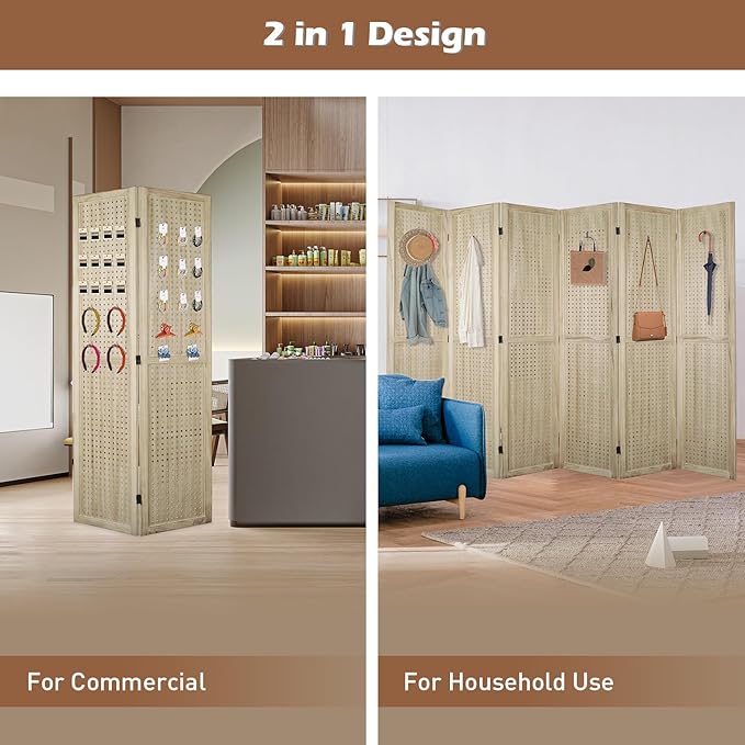 ECOMEX 6 Panel Room Divider, 5.6Ft Pegboard Display Wooden Folding Privacy Screen Freestanding Peg Board for Trade Show Craft Show Home Wall Organizer, Natural Wood