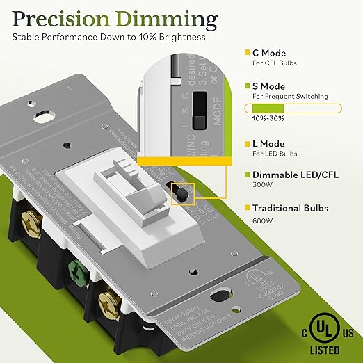 TG Digital Toggle Dimmer Light Switch for Dimmable LED, CFL and Incandescent Light Bulbs, Single Pole/ 3-Way, Wall Plate Included, UL Listed, 2 Pack, White
