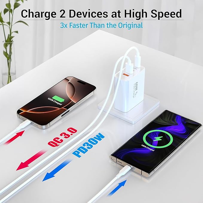 USB C Charger Block, 60W 5 Ports USBC Wall Charger Plug Fast Charging, iPhone Charger QC Multiport PD Adapter Chargers, Type C Box Brick Cube for iPhone 17 16 15 14 13 12 Pro Max,Samsung (White 1Pack)