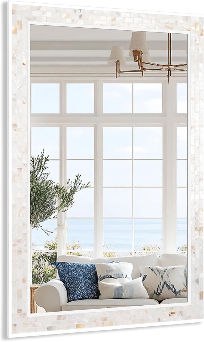 Tanmicoshomy 26 x 40 Inch Rectangle Wall Mirror, Natural Shell Framed Rectangular Mirror for Bathroom, Vanity, Bedroom, Living Room, Entryway, Wall Mounted Horizontal or Vertical, White