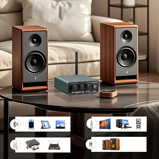 MANAYO 100w+100w Bluetooth Amplifier for Passive Speakers, Home Stereo Receiver with Treble, Bass, and Volume Control, Compatible with Cell Phones, CD Players, Turntable and Home Audio