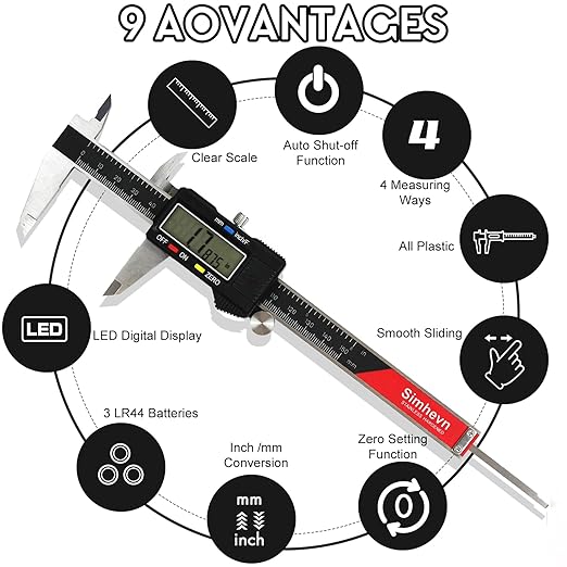 Simhevn Digital Caliper Measuring Tool,with Large LCD Screen, Easy Switch Inch/MM/Fraction,6inch/150mm Stainlee Steel Caliper and 8inch/200mm Stainlee Steel Ruler for DIY/Household