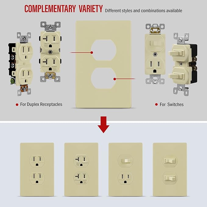 ENERLITES Screwless Duplex Wall Plates, Child Safe Receptacle Outlet Covers, Standard Size, 1-Gang 4.68"x 2.93", Unbreakable Polycarbonate Thermoplastic, UL Listed, SI8821-I-5PCS, Glossy, Ivory