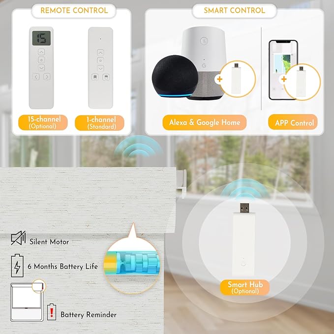 Persilux Smart Motorized Blinds with Remote, No Drill Automatic Roller Shades for Indoor Windows, Blackout Linen Fabric, Electric Blinds for Windows, Weave Mat C162BO-2, Custom Size