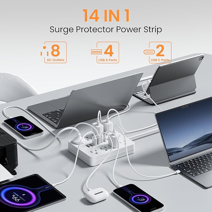 Bawmwim Surge Protector Power Strip - 8 Outlets(1250W/10A) 4 USB A（2 USB C, 10FT Flat Plug Extension Cord, Wall Mount Multi Plug Outlet Extender, ETL Listed for Home, Dorm Room