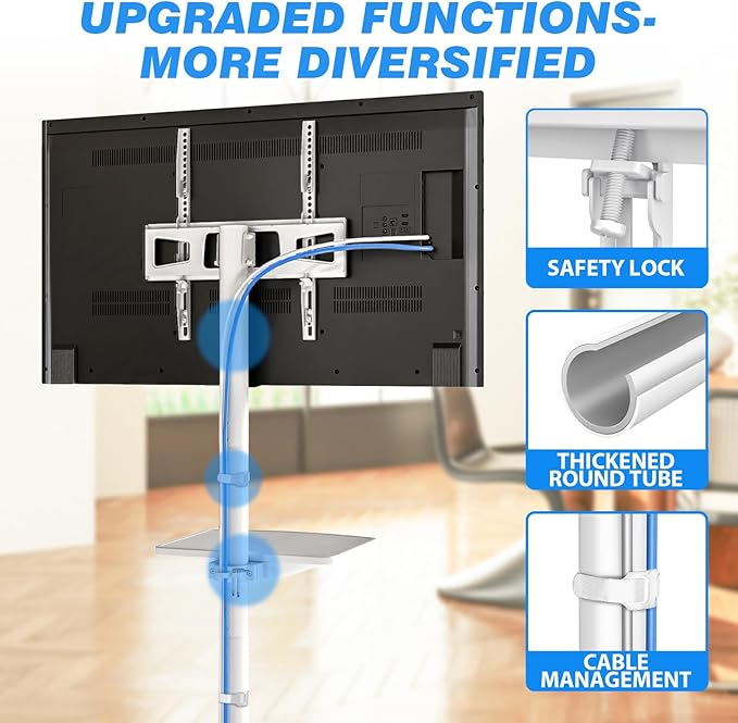 Rfiver Mobile TV Stand for 23-60 Inch LCD LED Flat/Curved Panel Screen TVs up to 88 lbs, Rolling TV Stand with Adjustable Shelf & Tilt, Portable Floor Stand on Wheels for Bedroom, Living Room, White