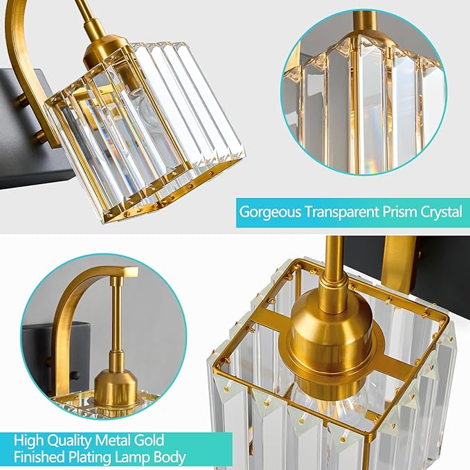 FDPBY Crystal Vanity Lights 6-Light Black Gold Bathroom Vanity Lights Modern Crystal Bathroom Light Fixtures Over Mirror 51.18" Long Vanity Light for Bathroom