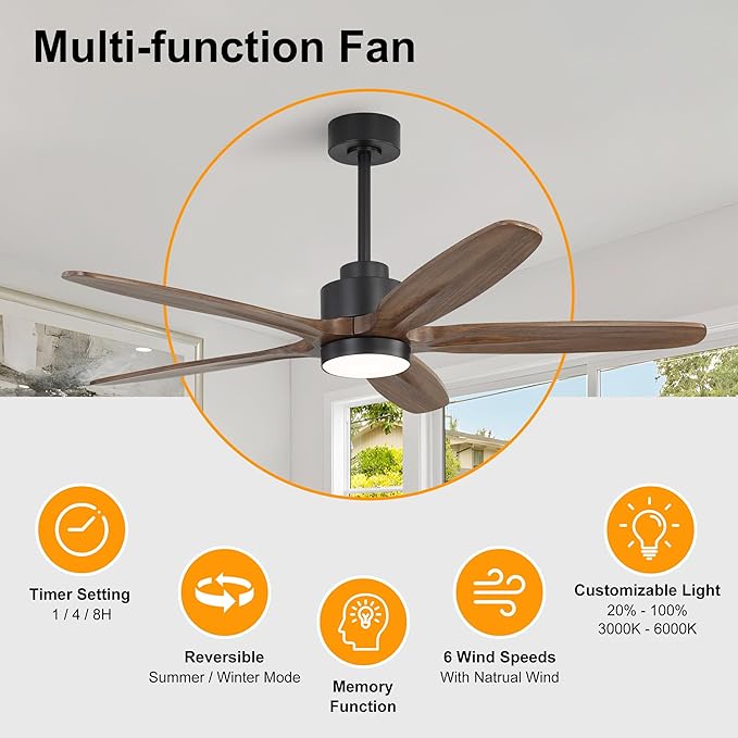 WINGBO 54" Ceiling Fan with Light - 5 Carved Solid Wood Blades, 6-Speed Reversible DC Motor, Dimmable, 3CCT, Noiseless Remote Control Ceiling Fans with Lights for Bedroom Living Room, Black and Wood