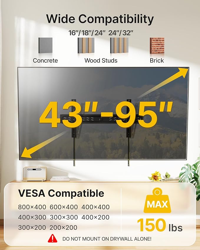 monTEK Ultra Slim Tilting TV Wall Mount Bracket for 43–95" Flat & Curved TVs, 1.2" Low Profile, Anti-Glare Tilt, Holds 150 lbs, Supports VESA 800x400, Fits 16"/18"/24"/32" Studs, TM1006W-LT