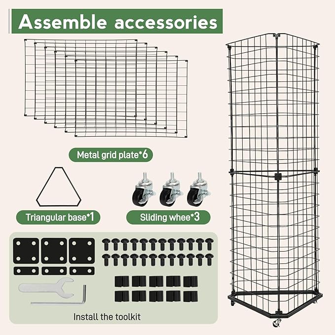 Brobear Triangular Gridwall Panel Display Stand with Base and Casters, 360-degree rotation Wire Wall Grid 24"x68" Rolling Grid Wall Tower for Retail, Trade Show, Vendor Events and Home Organization