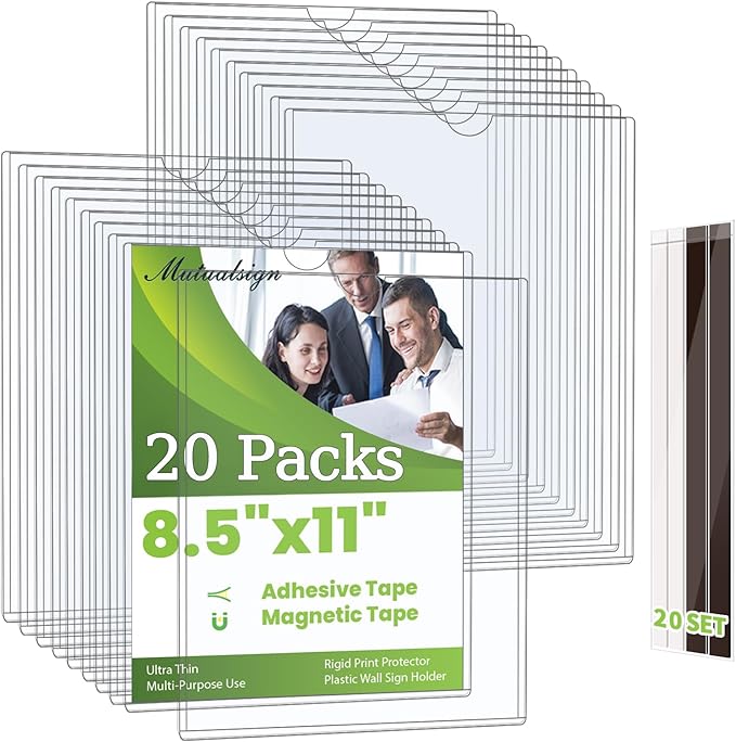 Mutualsign 20 Pcs Wall Sign Holder 8.5"x11" Magnetic Sign Holder, Rigid Print Protectors with Adhesive & Magnetic Tapes, Wall Mount Plastic Paper Holder for Office Store Home Window Display (Clear)