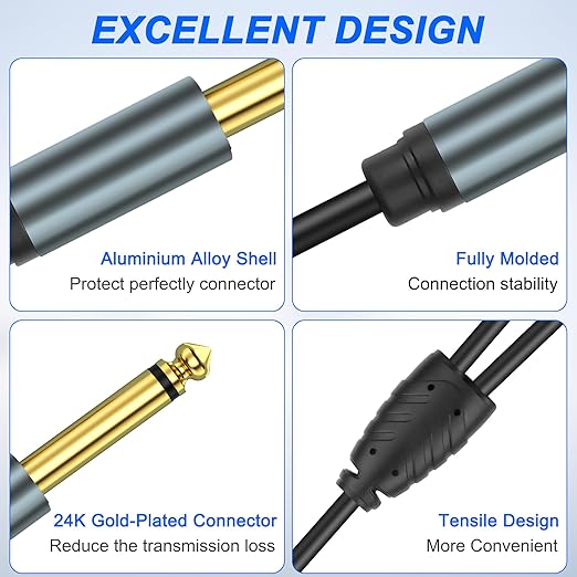 XMSJSIY 1/4" 6.35mm TS Mono Splitter 1 to 2 Audio Y Splitter Cable Adapter 6.35mm TS Male to Dual Female Mono Guitar Signal Audio Cord Gold Plaed for OFC HiFi TS Speaker Microphone Headphone-2M/6.5FT