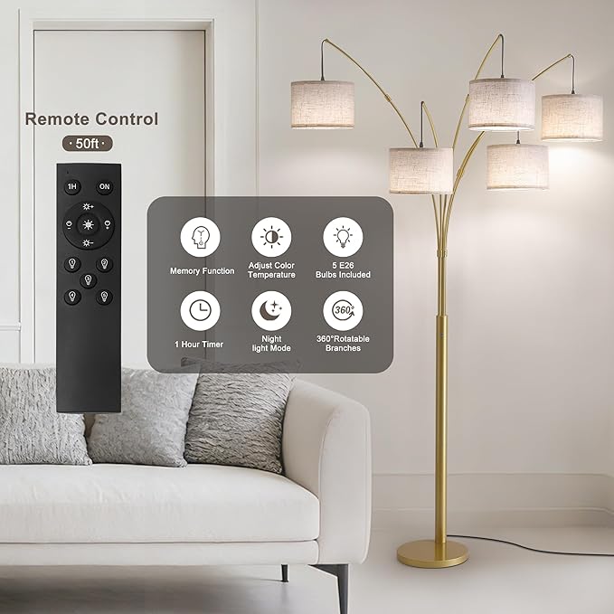 Fansdrick Gold Floor Lamps for Living Room, 4000LM Super Bright Arc Floor Lamp with Remote Control, Large Tall Floor Lamps with Stepless Dimmable, 80" Mid Century Tree Floor Lamp for Bedroom, Office