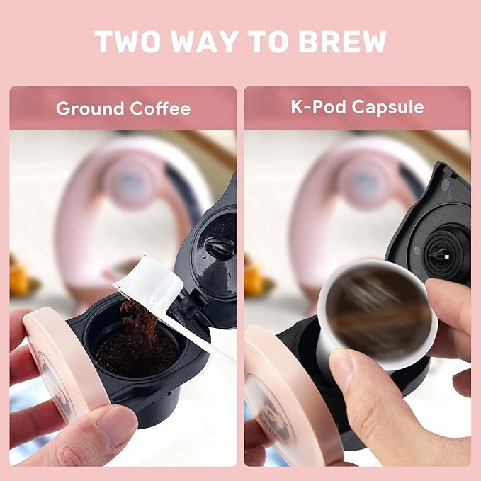 Single Serve Coffee Maker,Fast Brew in 2 minutes,Stylish＆Compact Design,MINI Q 2 IN 1 Coffee Machines for K*cup Capsules & Ground Coffee, Pink Coffee maker