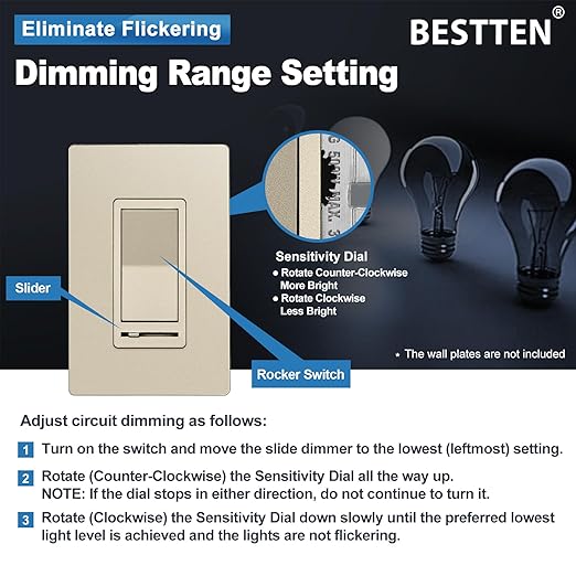 BESTTEN 10 Pack Matte Champagne Gold Dimmer Light Switch, Single Pole or 3-Way, Compatible with Dimmable LED, CFL, Incandescent and Halogen Bulb, 120VAC, Signature Collection, UL Listed