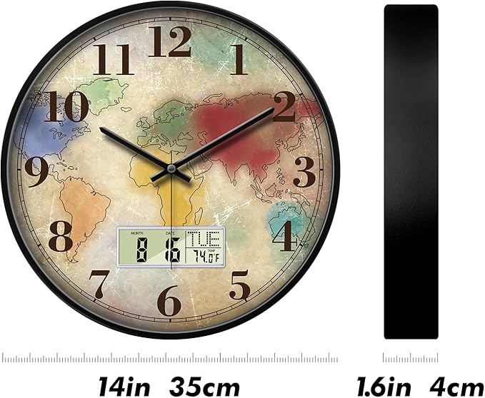 Modern Round Retro Digital and Analog Wall Clock Silent Calendar Colorful World Map Vintage Clocks with Date and Temperature Week Quiet Non-ticking Kid Room Office Kitchen Decor for Bedroom 14 Inch