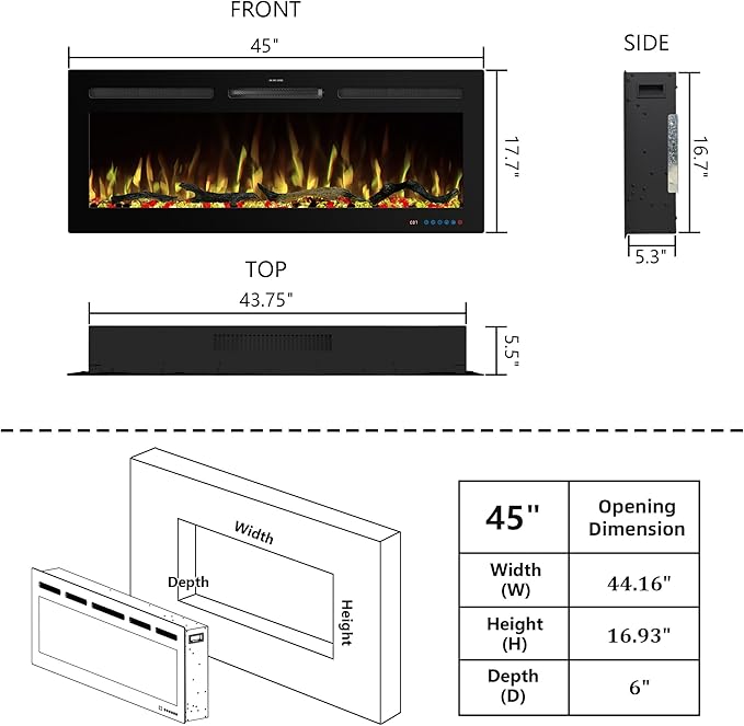 45" WiFi Electric Fireplace Inserts, Recessed and Wall Mounted Fireplace Heater W/Adjustable Flame Color & Brightness, Thermostat, 9H Timer, App and Remote Control, 750/1500W