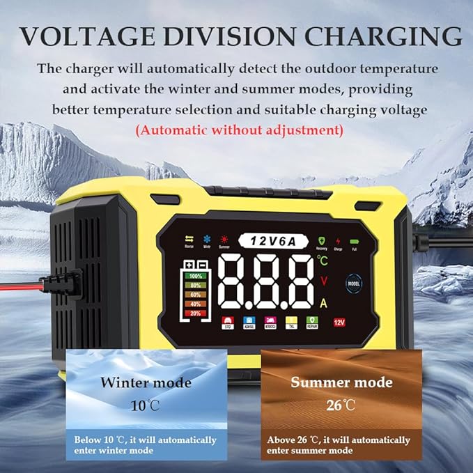 6-Amp 12V Smart Car Battery Charger, Battery Maintainer Trickle Charger with Desulfator, Pulse Repair & Overcharge Protection - for Car Lawn Mower Marine Lead-Acid Batteries (Yellow)