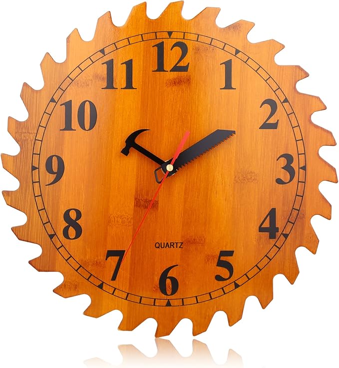 CIGERA 12 Inch Wood Wall Clock with Circular Saw Blade Dial, Handsaw and Hammer Pointer,Great Decor for Farmhouse,Garages and Man Cave
