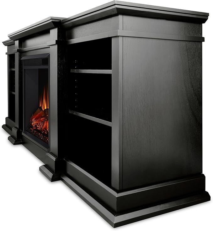 Real Flame Fresno 72" TV Stand with Electric Fireplace in Black, Entertainment Center with Electric Fireplace, Living Room TV Stand with Fireplace, fits up to 70" TV