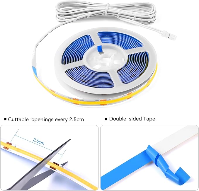 CHNMALITAI 12V Under Cabinet Lighting Kit,3.3Ft 6-in-1 Self-Adhesive COB LED Strip Lights with 36W Adapter Touch Dimmable Led Shelf Lighting 4000k for Kitchen Counters Book Shelf Closet Showcase